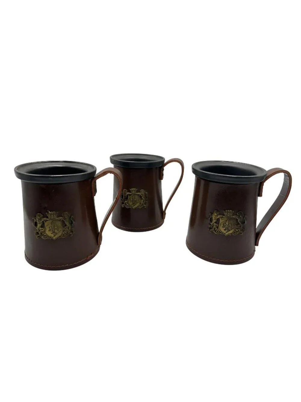 Set Of 3 Vintage Leather & Brass Emblem Tankard-Style Cups With Handles